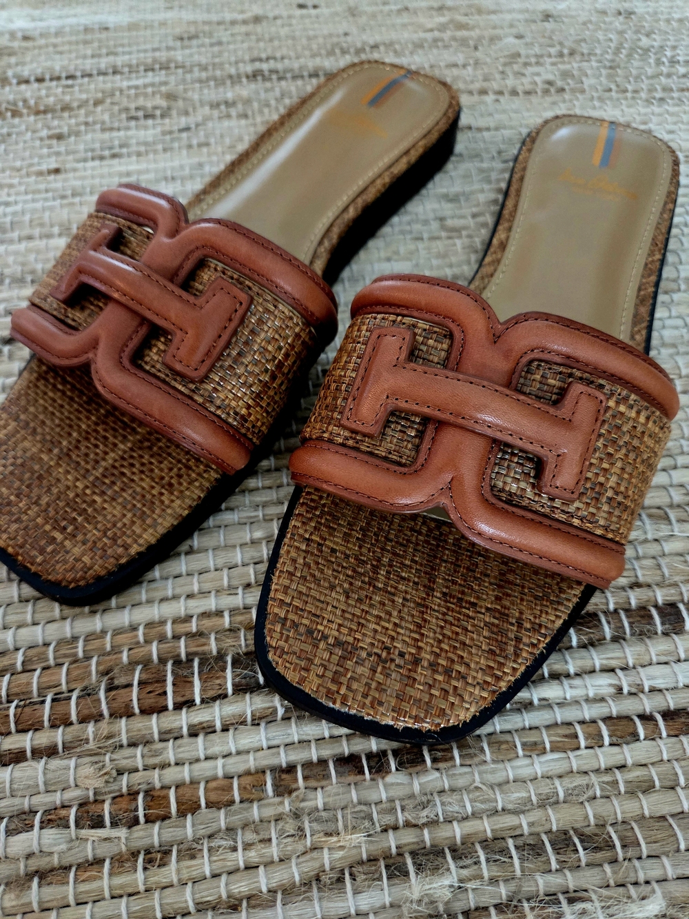 SAM EDELMAN Woven Tan Slide Sandals with Leather Trim - Picture 1 of 4